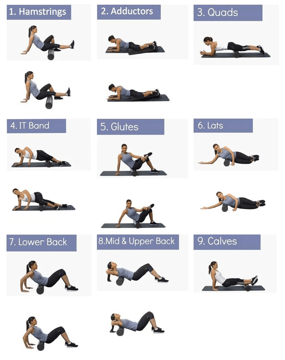 Exercise guide for foam roller: techniques for hamstrings, quads, glutes, IT band, and back muscle therapy in 9 steps.